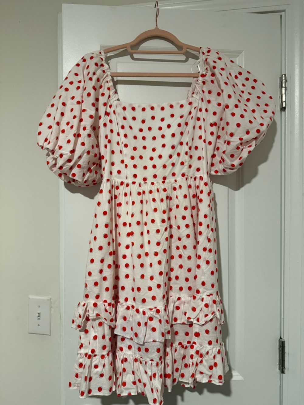 White Dress with Red Polka Dots and Puff Sleeves